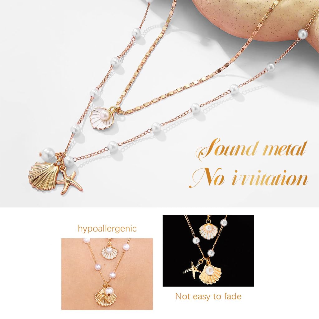 SANNIDHI® Necklace for Women Girls 2Pcs Boho Gold Seashell Pendant Necklaces Layered Pearl Starfish Necklace Chains Beach Jewelry Gift Item for Women 2