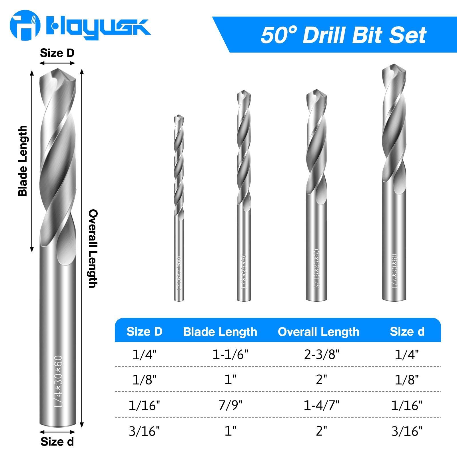 Juego de brocas de carburo sólido de 1/20.3 cm, 1/10.2 cm, 1/40.6 cm, 3/40.6 cm, brocas de carburo de tungsteno, juego de brocas de metal para acero endurecido, hierro fundido, plástico, madera, 4
