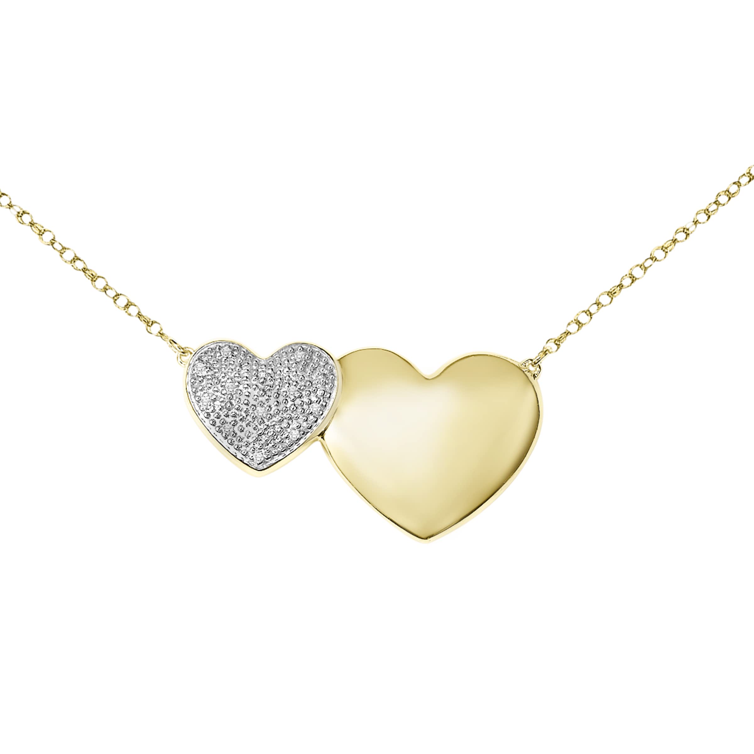 Brilliant Expressions Double Heart Diamond Pendant Necklace, 0.05 Cttw (I-J Color, I3 Clarity) with 17-inch Adjustable Chain in 14K Plated over 925 Sterling Silver, with engraved “Mom” or Plain
