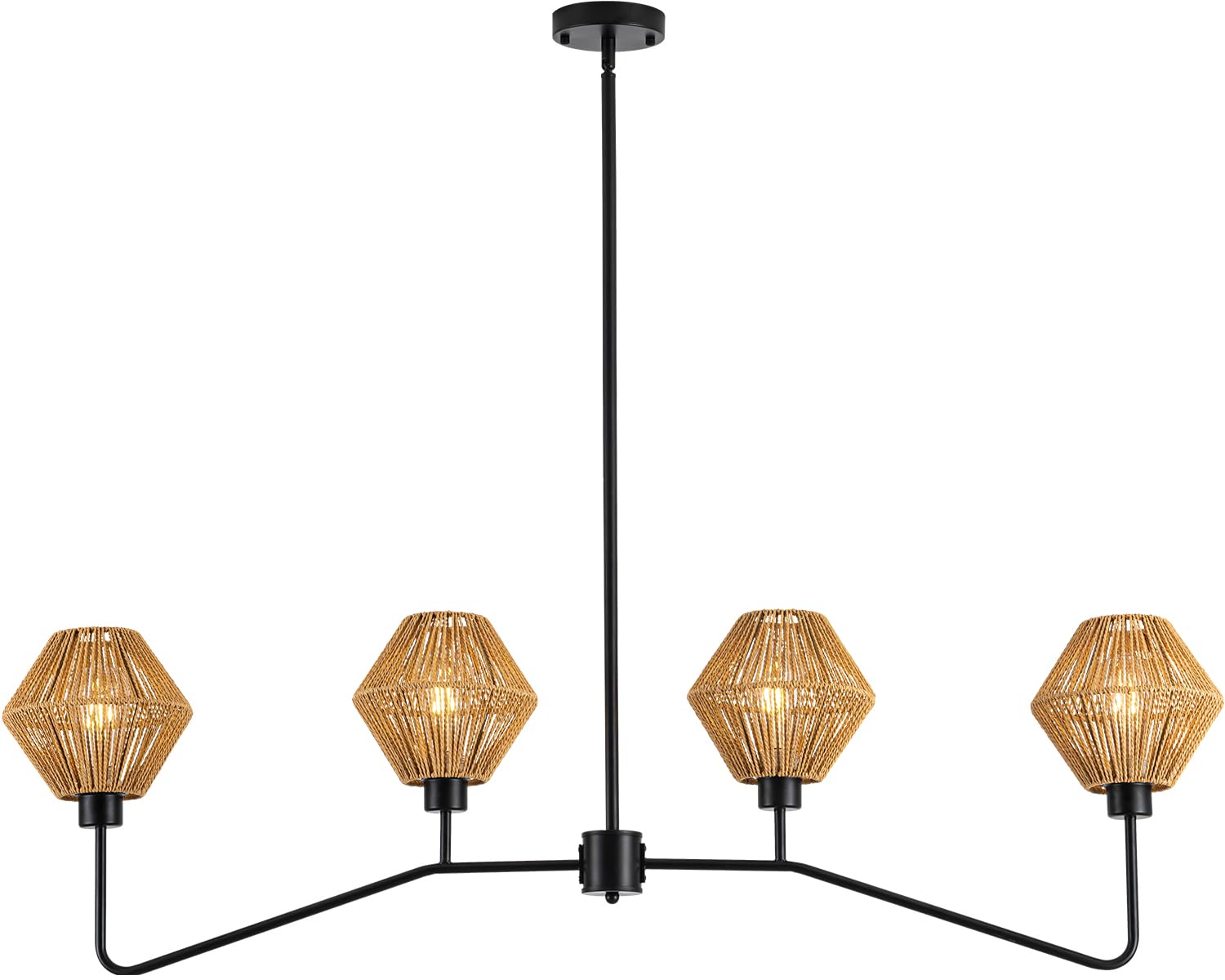 Rattan Farmhouse Kitchen Island Lighting, 4-Light Linear Kitchen Island Lighting Fixture Classic Chandeliers Boho Dining Room Light Fixtures Over Table