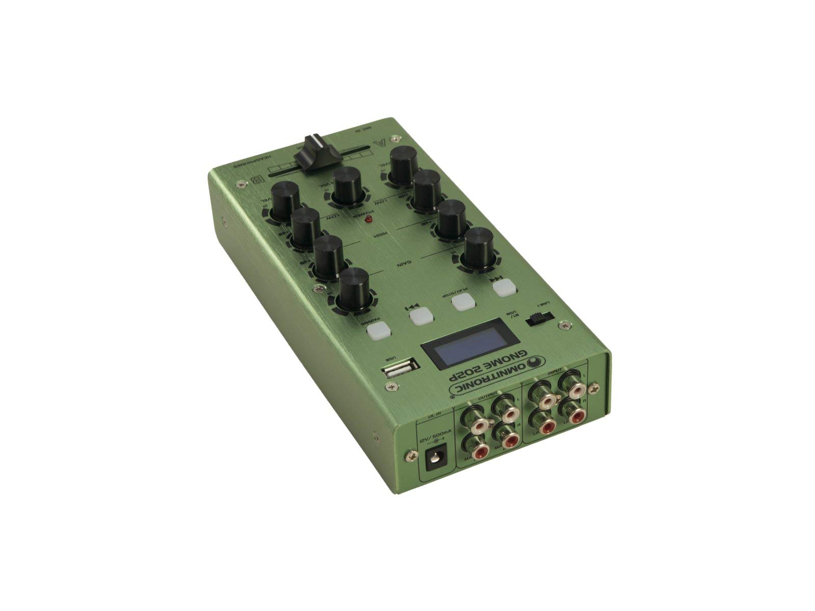 OMNITRONIC GNOME-202P Mini-Mixer grün | 2-Kanal-DJ-Mixer mit Bluetooth und MP3-Player im Miniaturformat | Regelbarer Mikrofoneingang/Kopfhörerausgang über 6,3-mm-Klinke