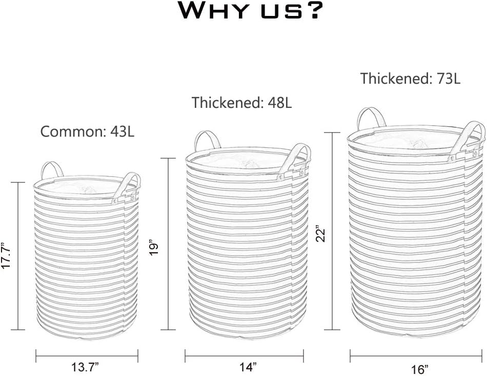 Large Laundry Hamper, Removable Laundry Basket, foldable fabric laundry basket, drawstring waterproof round cotton linen storage basket. (Blue Strips, 17.7"/Medium)