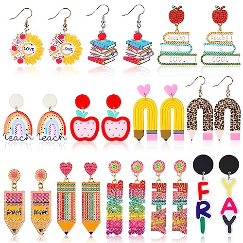 Batiyeer 12 Pairs Teacher Earrings for Women Pencil Earrings Back to School Gifts Teacher Appreciation Gifts Artist Painter Creative Rainbow Love Heart Acrylic Dangle Set(Rainbow)