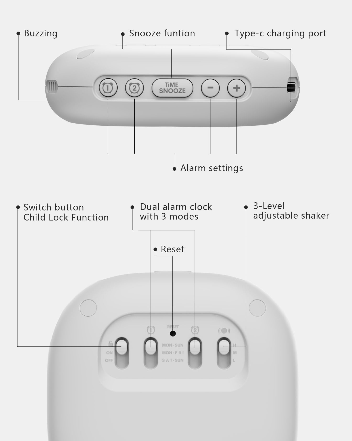 ROCAM Despertador con vibración para Personas Que Duermen Mucho, Funciona con Pilas, Volumen Ajustable en 5 Niveles, Alarma Doble/Fin de Semana, Snooze, 12/24H, DST, Reloj Digital portátil