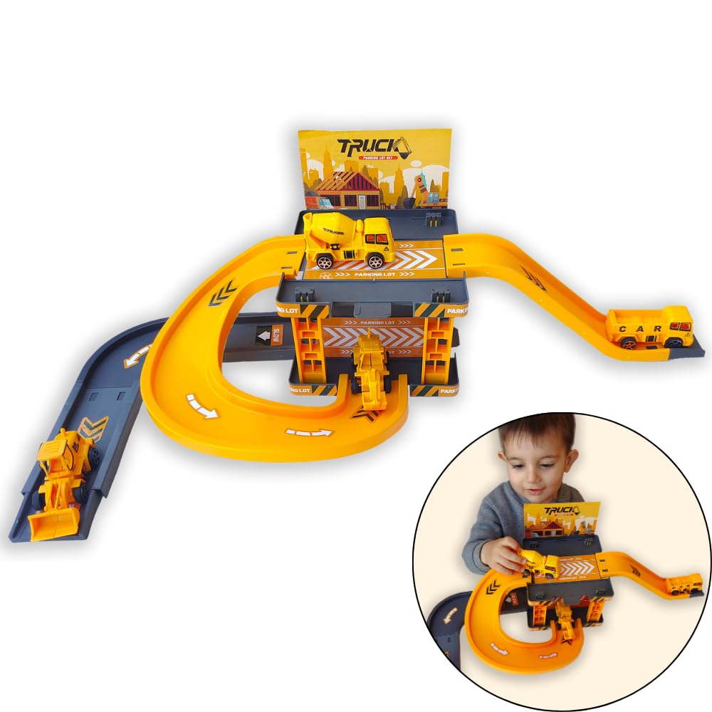 Parking Coches Juguete. Circuito de Coches con Parking de 19 Piezas a Partir de 3 Años. Pista de Carreras con 4 Vehículos y Pegatinas para Decorar. Juguete Niño 3 años Fácil de Montar y Original