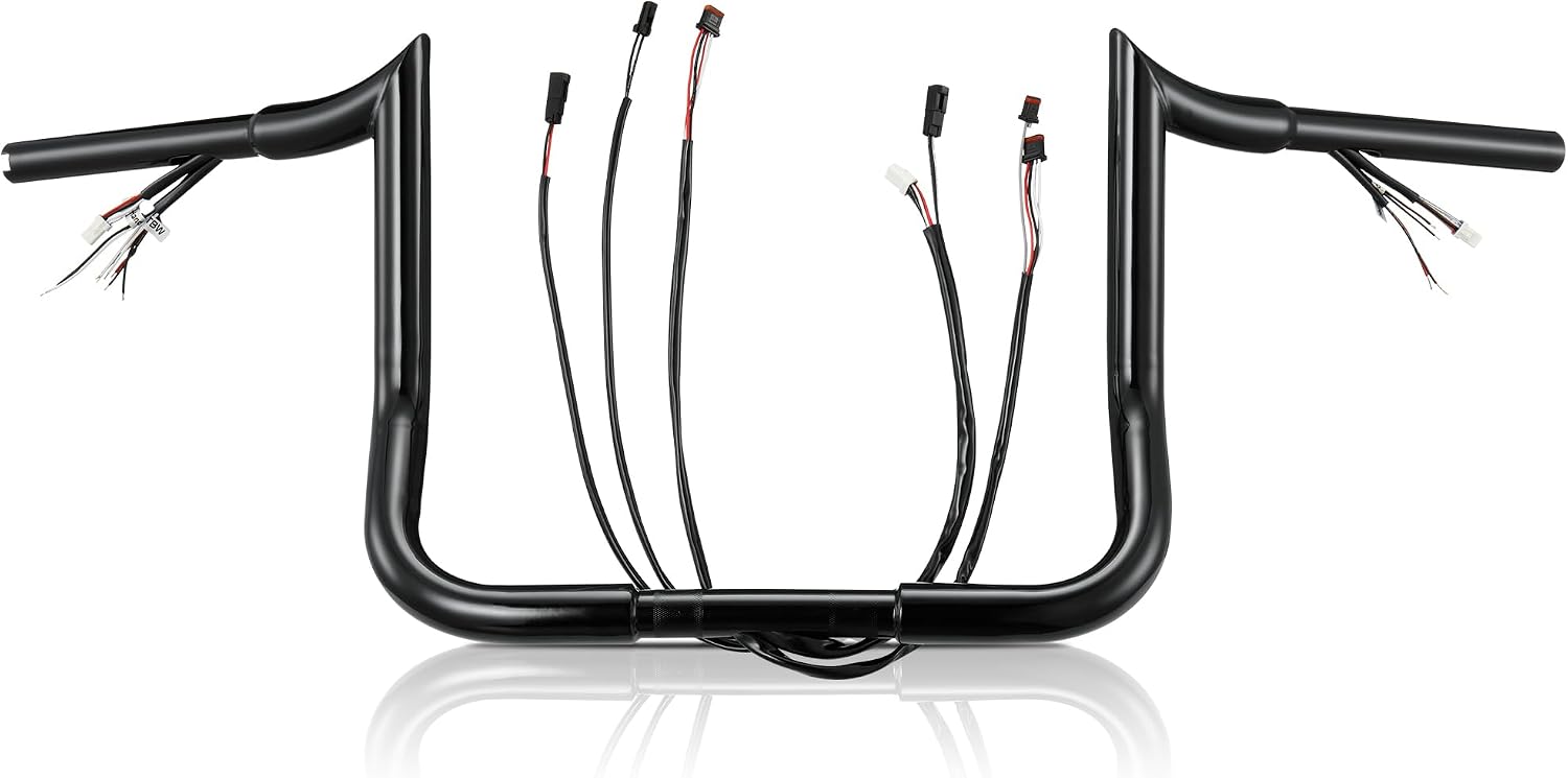 Black PRE-WIRED 12" Meathook Monkey Bar 1 1/4" Bagger Apes Handlebars with Heated Grip Wires for Harley Miter Cut 2016-2023 Street Glide/Electra Glide/Ultra Limited