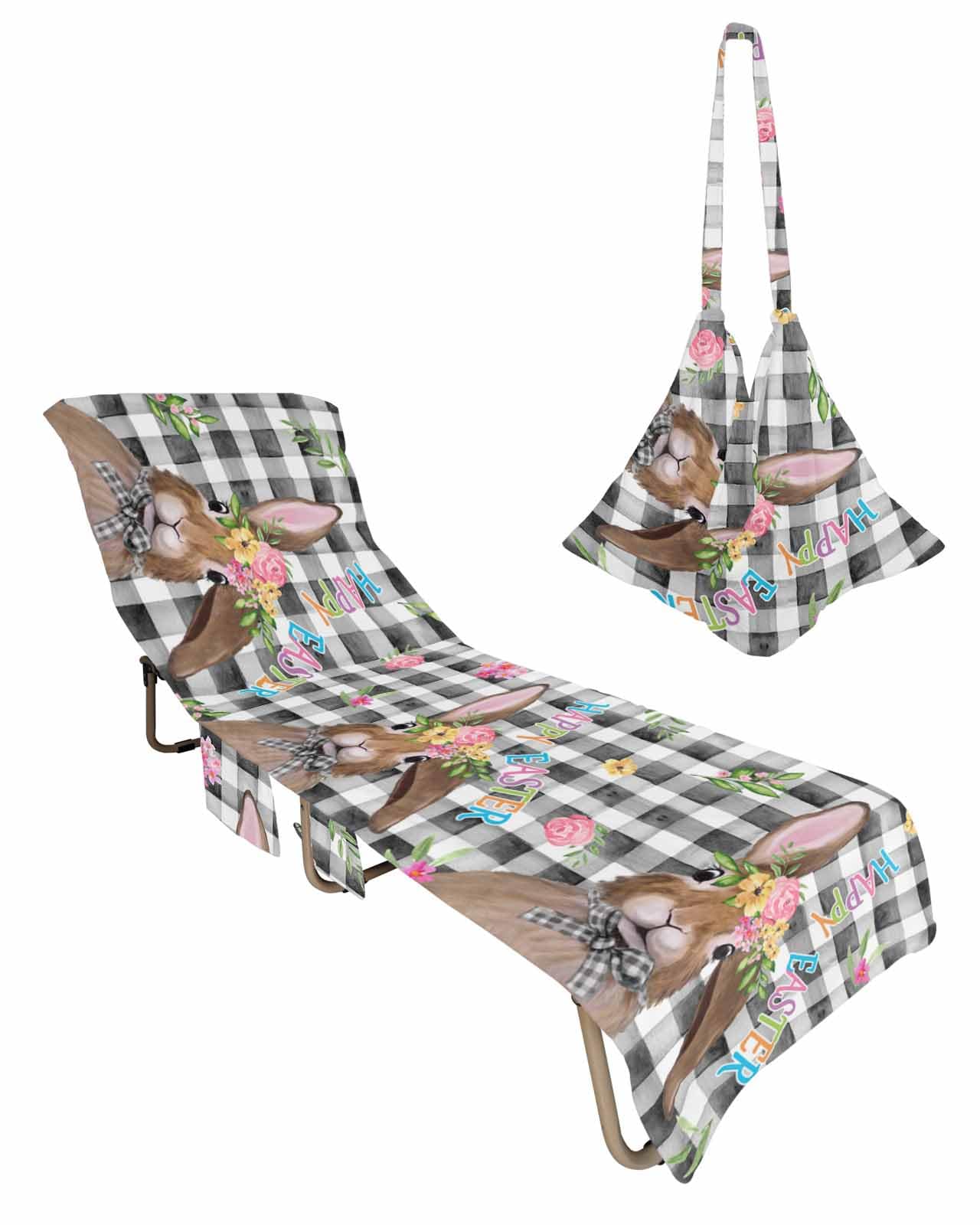 Easter Buffalo Black Beach Chair Towel Covers for Chaise Lounge with Side Pocket, Soft Plush Pool Towels Cover for Patio Sunbathing Outdoor 29''x85'' Vintage Country Check White Bunny Plant