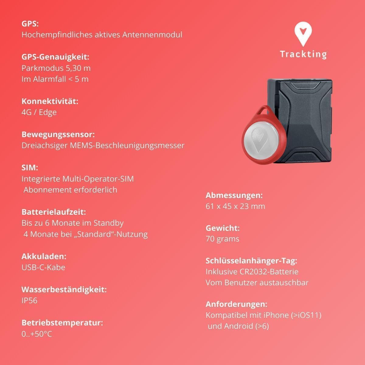 Trackting ONE – Anti-Diebstahl GPS Gerät für Auto & Motorrad | GPS Tracker für Autos, Motorräder, Fahrzeuge | integrierte SIM (4G/2G) – ABO erforderlich | Keine Verkabelung, Lange Batterielaufzeit
