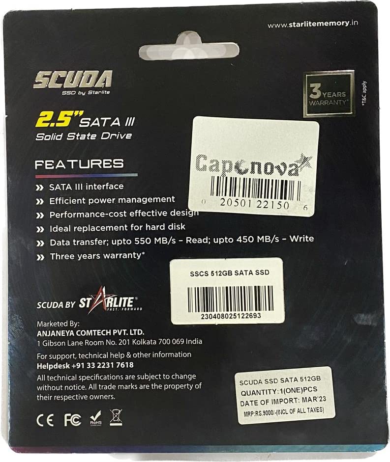 Image of Scuda 512 GB Solid State Drive, Sata II and III SSD, 3 Years Warranty for laptops and Desktops