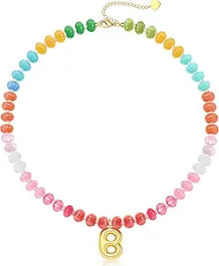 Initial Necklaces for Women, Beaded Necklaces for Women with Bubble Necklace Letter Stocking Stuffers for Teens Trendy Stuff Colorful Gemstone Choker 14k Gold Letter A-Z Pendant Summer Beach Christmas Birthday Jewelry for Her Girlfriend Sister