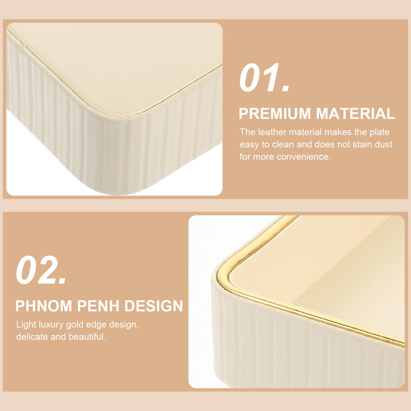 Bandeja Organizador Moderno para Llaves de Entrada Cuadrada y Fácil de Limpiar de Cuero Blanco Borde Dorado para Joyas y Llaves en Tocador