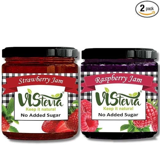 Vistevia Sugar Free Raspberry & Strawberry Jam, Diabetic and Keto Friendly - Sweetened Naturally with Stevia, More Than 60% Whole Berry Content - Tastes Delicious - Pack of 2 (220*2 GM)