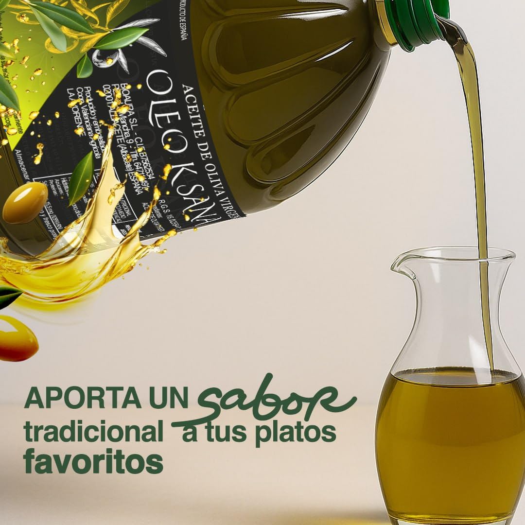 Oleo Ksana Aceite de Oliva Virgen Extra 5 Litros, Prensado en Frío, Nueva Cosecha, Sin Mezclas, Valencia con Dosificador incluido