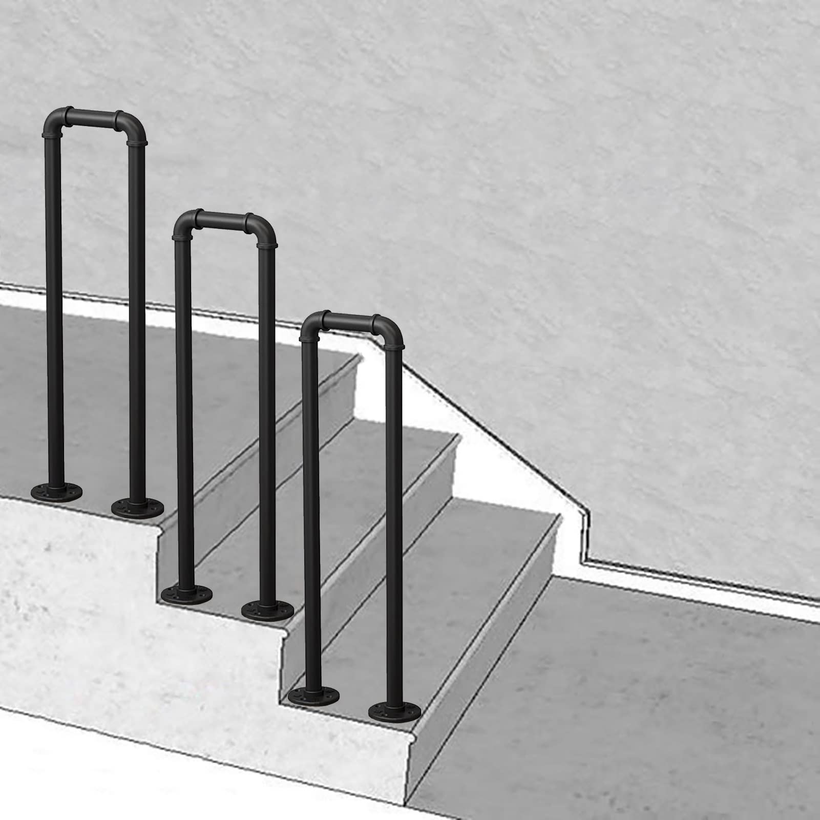 KHLMSRXJ Industrial Outdoor Steps Stair Handrail, Transitional Handrail for Indoor Stairs - Stair Railing for Outside Stairs Black Hand Rails for Condo Loft Villa Corridor Garden/55Cm(1.8Ft