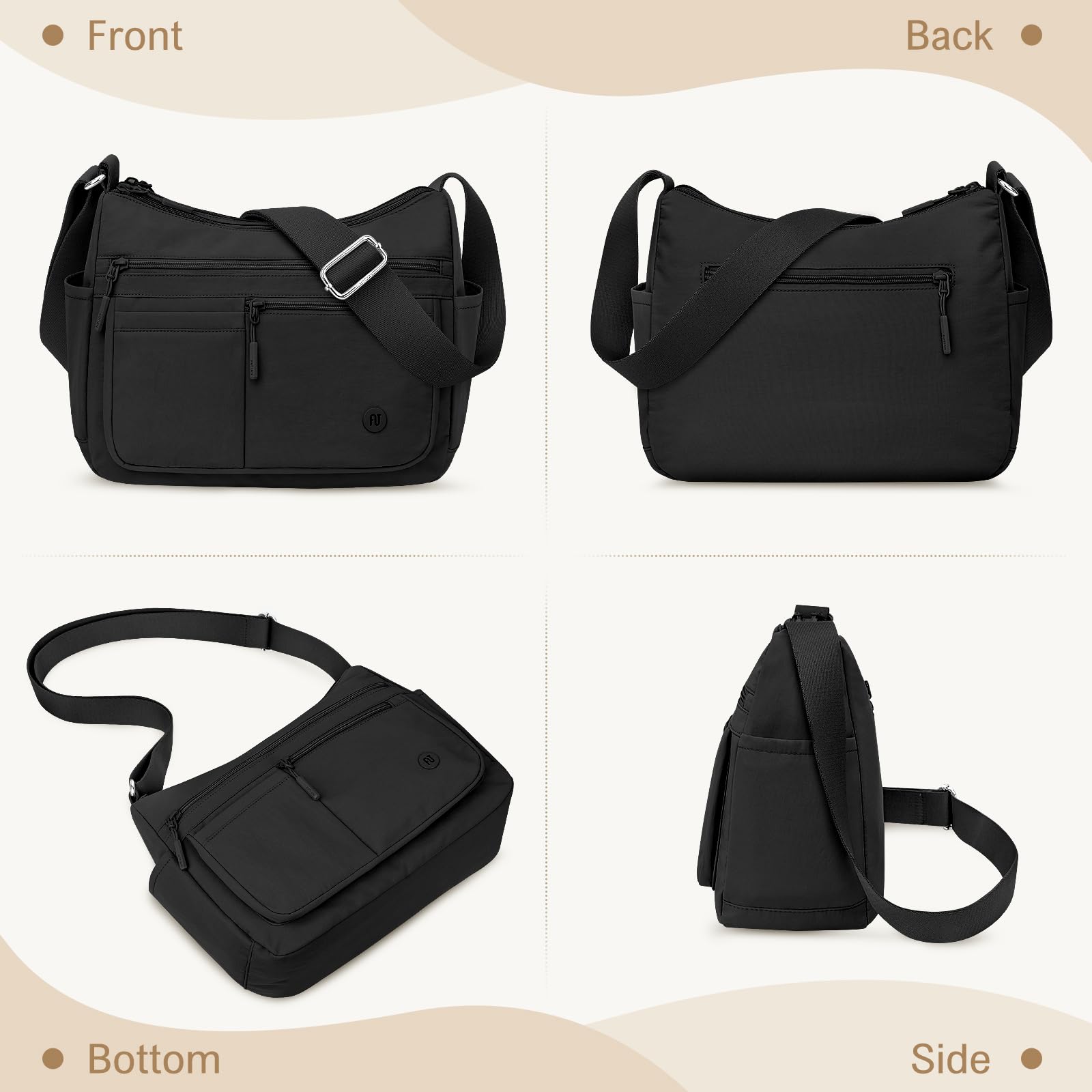 Grand Sac Bandoulière Femme, Sac à Main en Imperméable avec Multipoches, Messenger Bag Léger et Ajustable