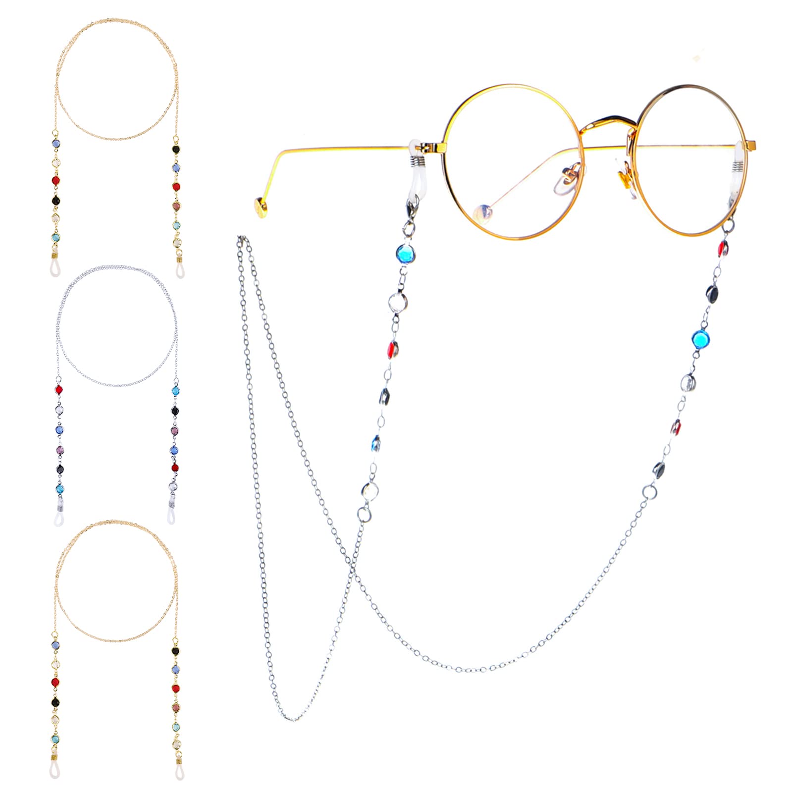 MengH-SHOP Cadenas de Anteojos Cadena Larga de Gafas para Mujer Brillantes Correa de Retención para Gafas con Cuentas de Cristal de Color y Las Hebillas de Gel de Sílice Antideslizantes 4 Piezas (Oro y Plata)