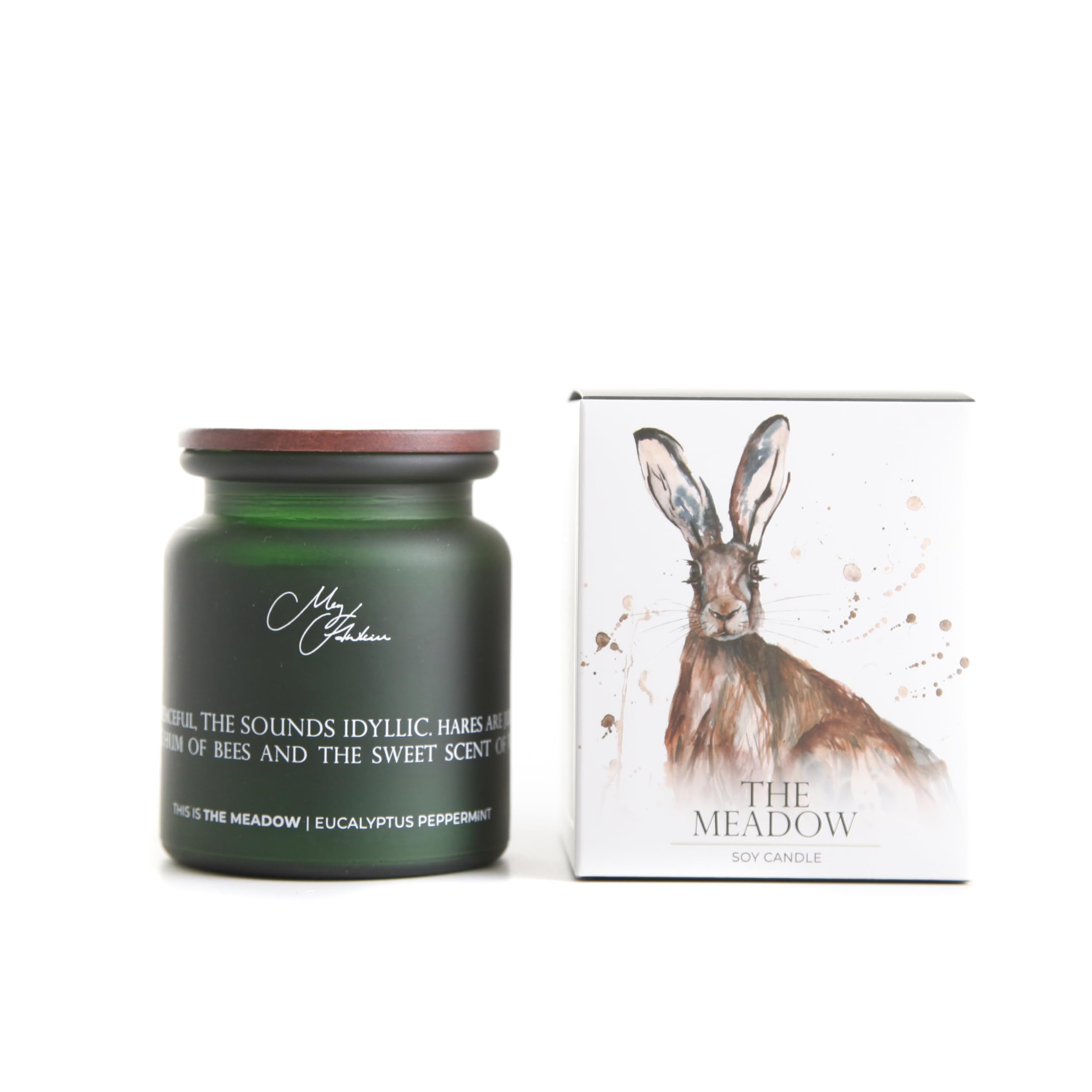 Meg Hawkins Green The Meadow - Eucalyptus Peppermint Hare Design Glass Candle - Hare Design Candle By
