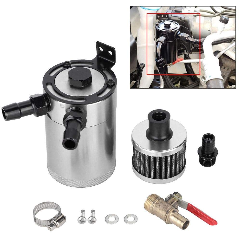 VOBOR Decantador Aceite Coche, Universal Aluminium Alloy Motor Aceite Olla Oil Catch Can, Kit De Lata De Captura De Aceite, Depósito de Aceite con Filtro de Aire (Plata)
