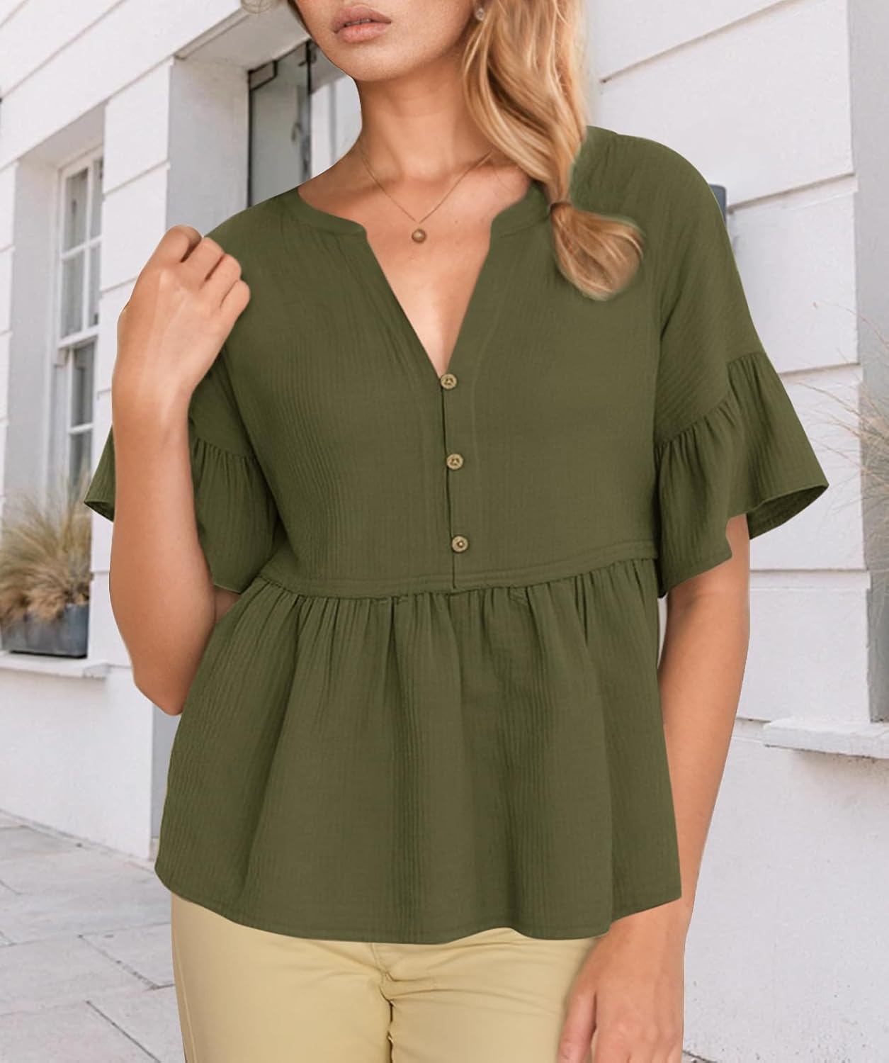 Jenbou V Neck T Shirts for Women Button Down Short Sleeve Tops Ruffle Tiered Loose Fit Peplum Tops - Image 5