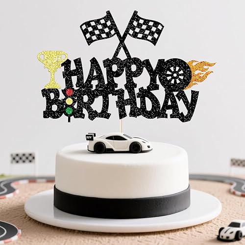 Decoración de pastel de coche para decoración de tartas para coches de carreras, bandera a cuadros para niños y niñas, suministros de fiesta de
