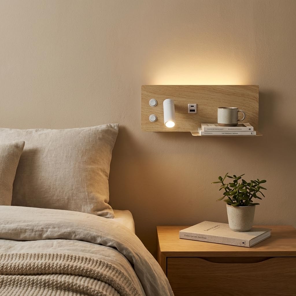 Alpinaluz Aplique LED de Pared con Luz de Lectura Orientable y Ambiental 2700K, Interruptor Dual, Doble Puerto de Carga USB, Repisa, Metal con Efecto Madera Beige Claro, Foco