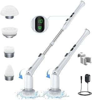 Electric Spin Scrubber, Electric Cleaning Brush with LED Display and 4 Replaceable Brushes, 2 Speeds and 3 Angles Adjustable, Cordless Power Scrubber with Extension Arm for Bathroom Floor Tile