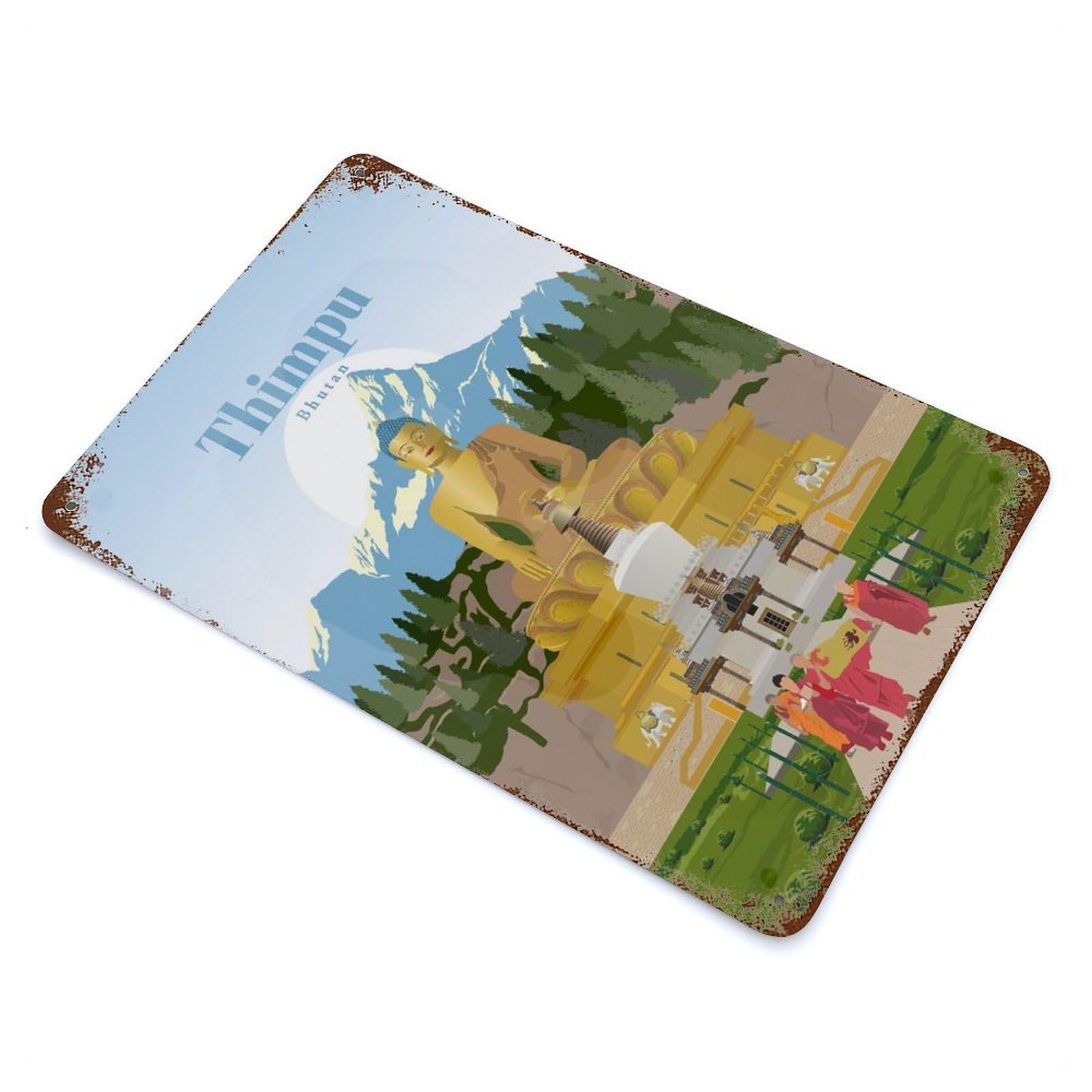 Aged Metal Wall Plaque with Travel to Thimpu Design 11.8"x7.9", for Pub, Kitchen And Man Cave Decor, Shabby Chic Decor