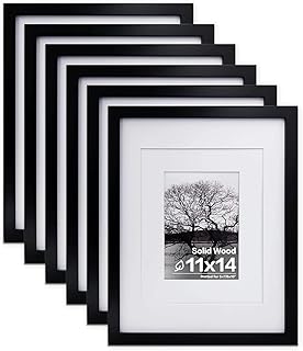 Egofine 11x14 Picture Frames Made of Solid Wood 6 PCS Black Covered by Plexiglass - for Table Top and Wall Mounting for Pictures 8x10 or 5x7 with Mat Horizontally or Vertically Display Photo Frame