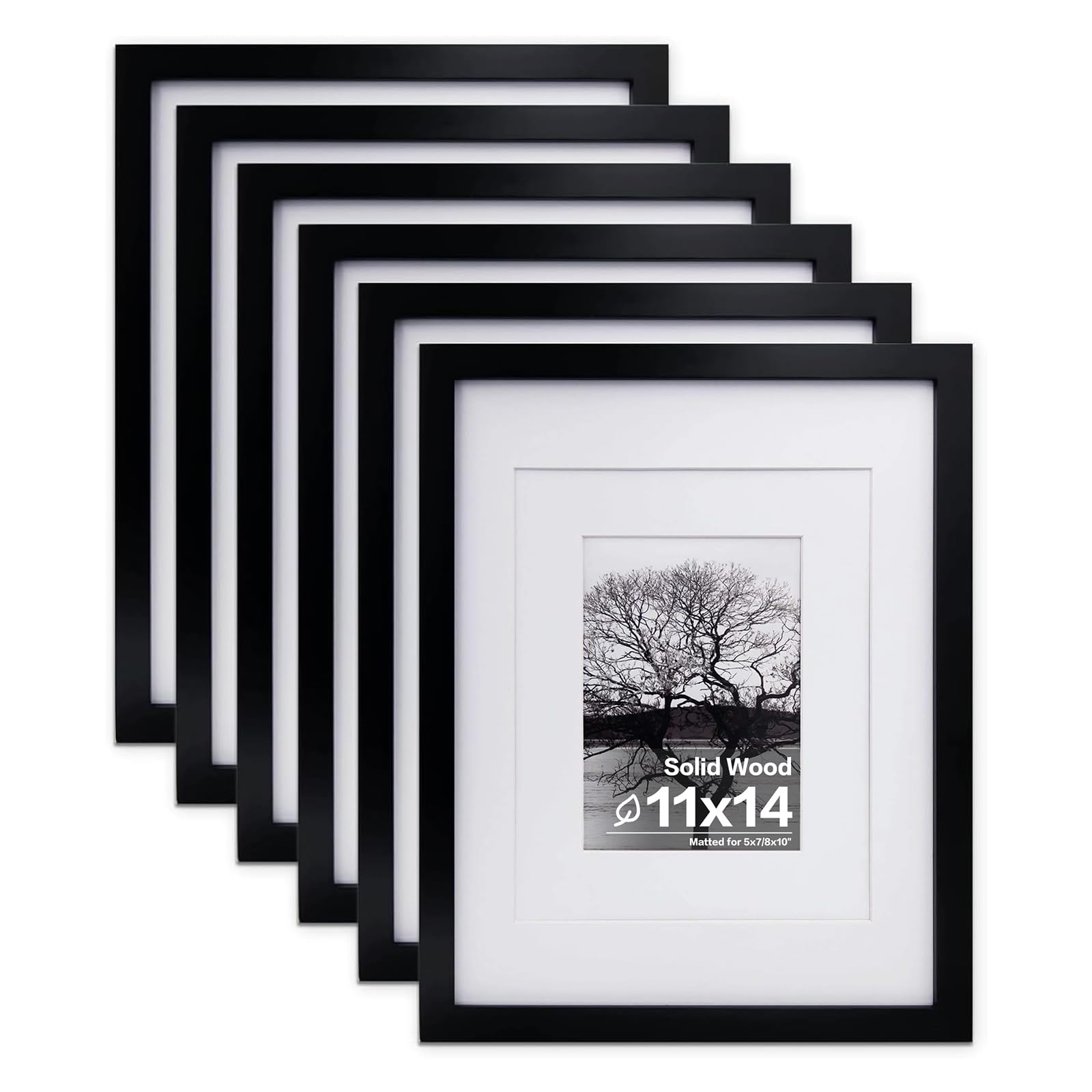 Egofine Marcos de fotos de 11 x 14 pulgadas hechos de madera maciza, 6 piezas de color negro cubierto por plexiglás, para montaje en mesa y pared para fotos de 8 x 10 o 5 x 7 pulgadas, con paspartú