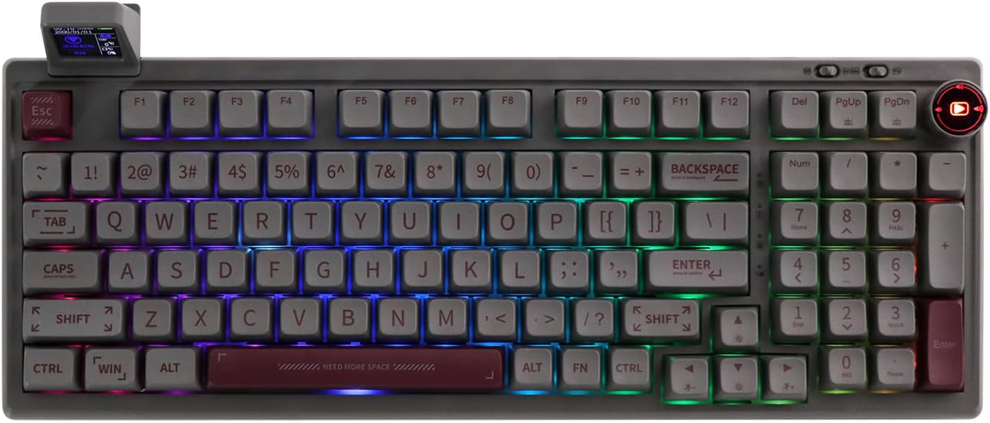 EPOMAKER RT100 97 Keys Gasket BT5.0/2.4G/USB-C Mechanical Gaming Keyboard with Customizable Display Screen, Knob, Hot Swappable Socket, 5000mAh Battery for Win/Mac (Black, Gateron Pro Yellow)