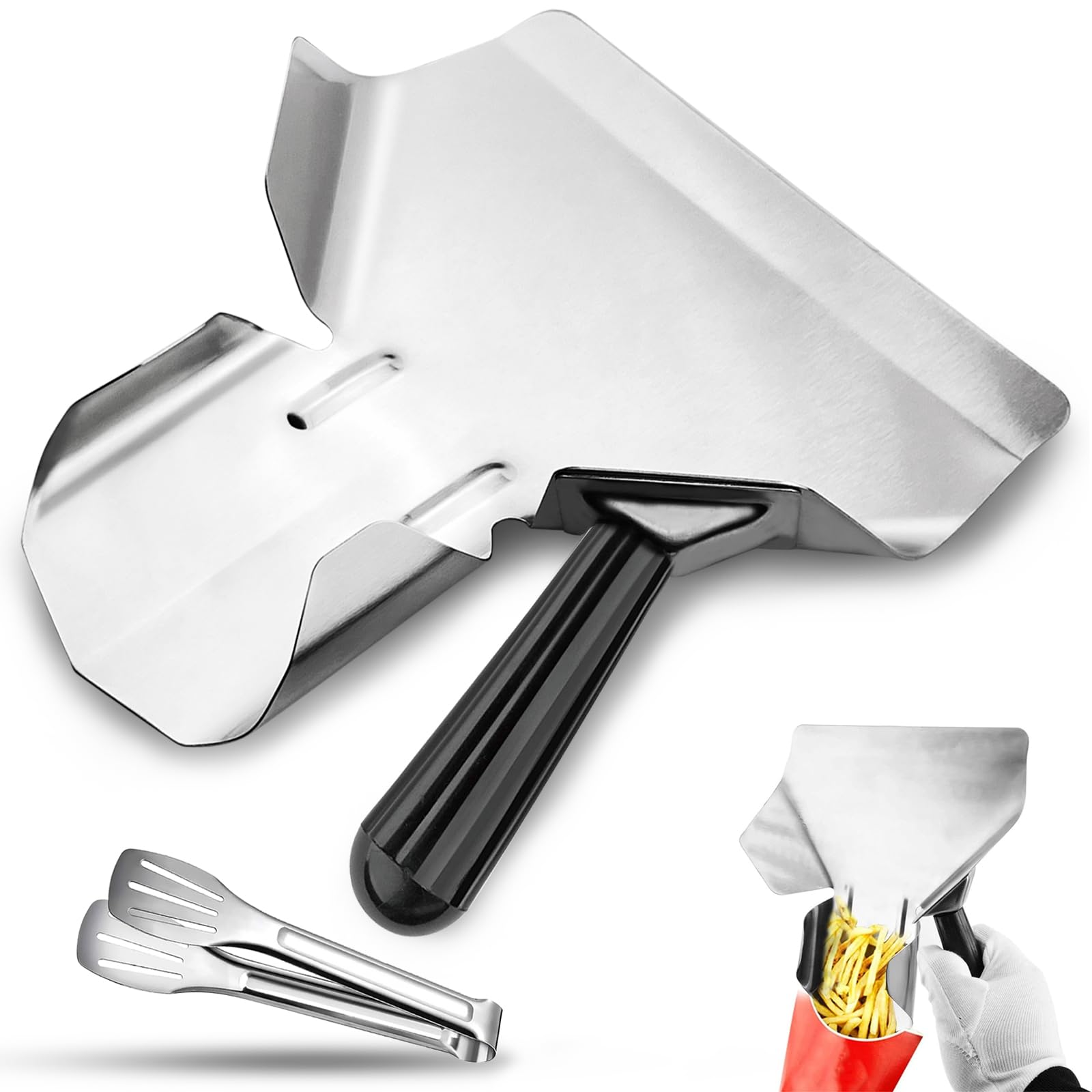 1 pala para patatas fritas, 22,5 x 21 cm, acero inoxidable, con 1 mango derecho, para el hogar, cocina, aperitivos, dulces, postres, con un mango y pinzas para el pan