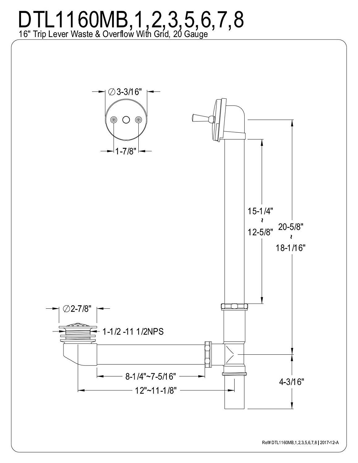 Kingston Brass DTL1162 Badewannenab- und Überlauf, Messing poliert
