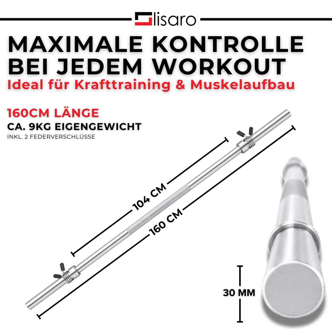 Lisaro Sztanga długa z zamknięciami sprężynowymi 120/160/182 cm – standardowa regulacja i chromowana | uchwyt tarczy Ø 30 mm | profesjonalna długa sztanga (160)