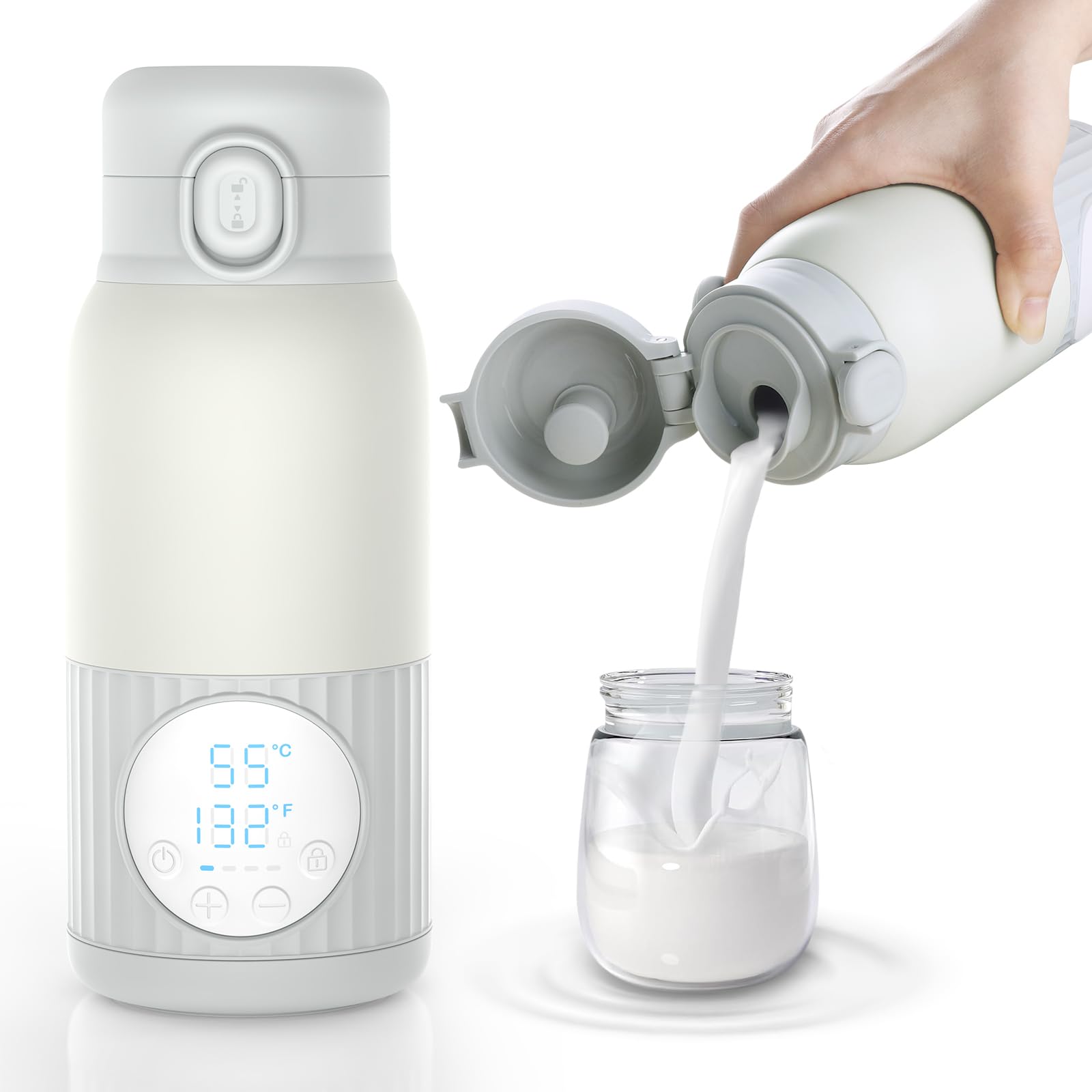 Portable Baby Bottle Warmer for Breast Milk, 100W Fast Heating & Precise Temp Control for Formula, Water, 13.5oz Large Capacity Milk Warmer for Travel, Car, Outdoors (Grey)
