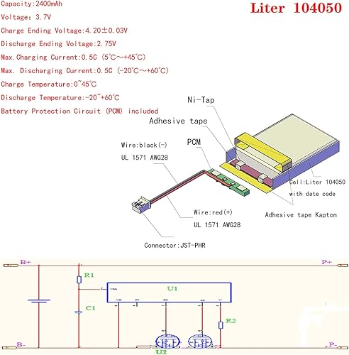 Miniatura 3 de Litro 3.7V 2400mAh 104050 Lipo batería recargable de iones de litio con conector JST 0.079 in