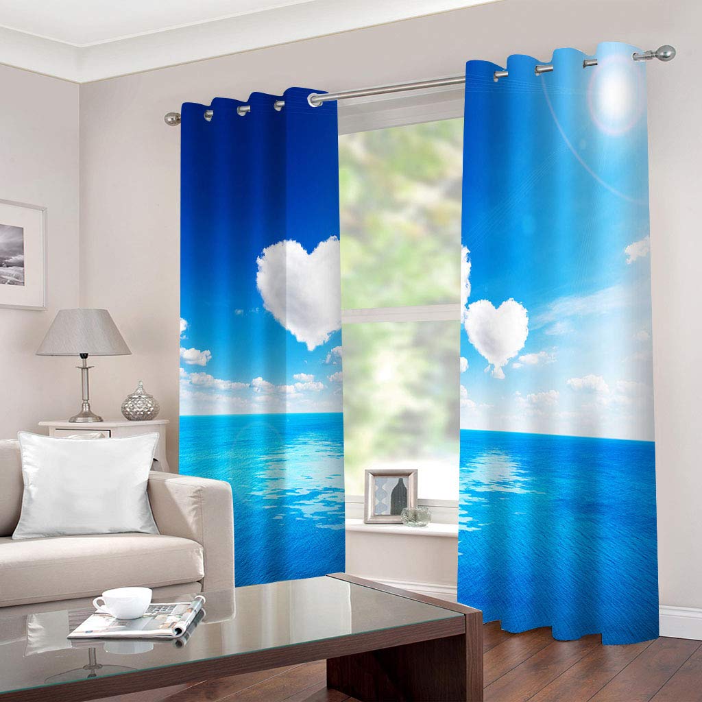 Rideaux Et Draperies Intérieurs 3D Ciel Bleu Coeur Nuage Blanc Motif Rideau Occultant À Oeillets Decoration Salon Chambre Maison pour Enfant Adulte 2 Pièces 280x160Cm Design Moderne Imprimé