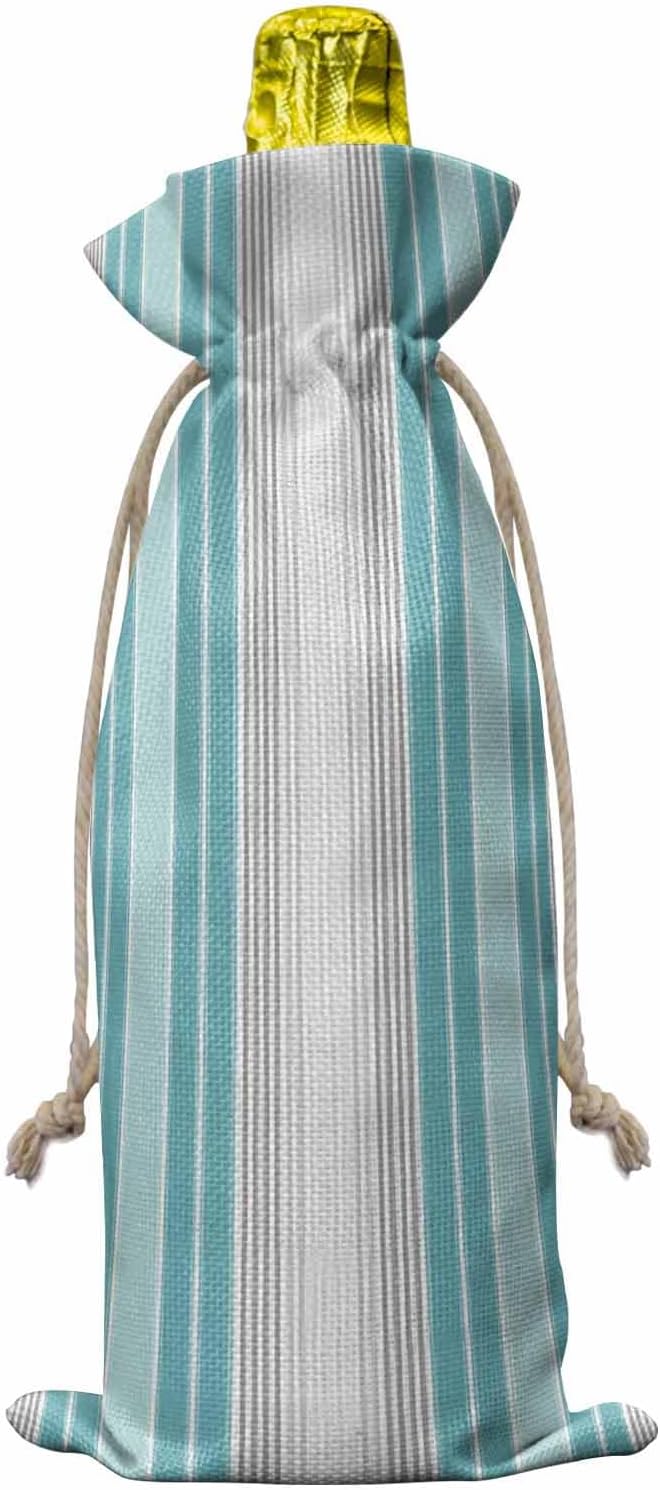 Minimalist Wine Bag 1PCS, Turquoise Gradient Gray Stripes Wine Bottle Bag with Drawstring Gift Tag Linen Bottle Cover for Party Holiday Wedding