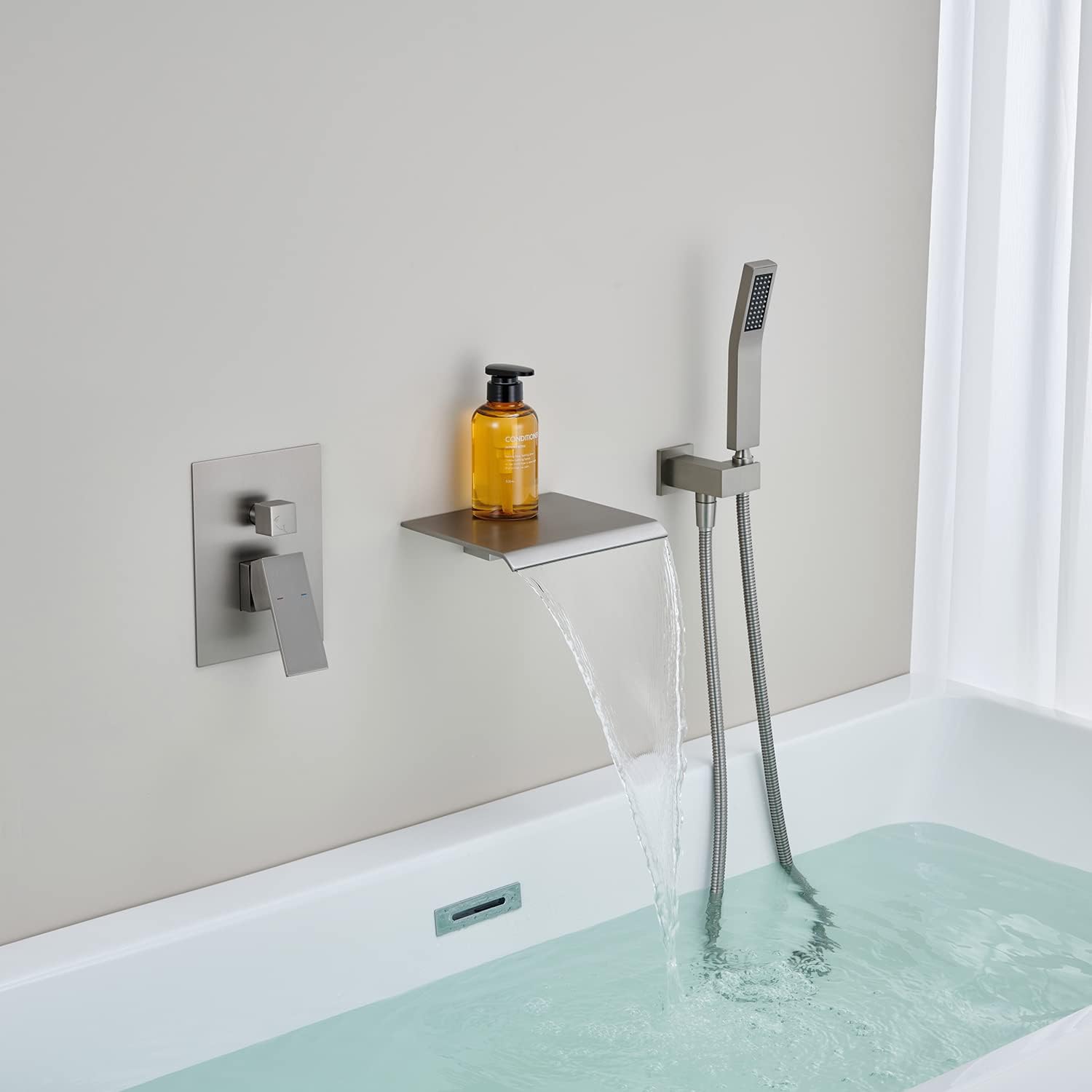 Wall Mount Tub Filler Waterfall Tub Faucet Brushed Nickel Bathtub Faucet Brass Single Handle Bathroom Faucet with Hand Shower