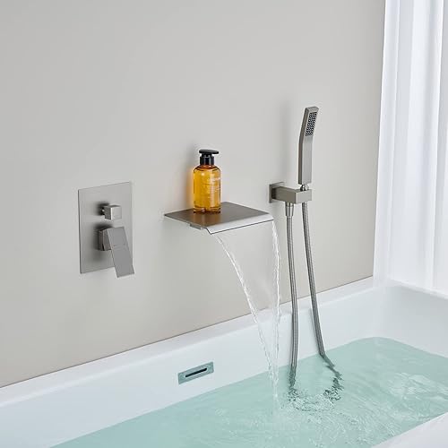 Miniatura 9 de Llenador de bañera de montaje en pared, grifo de bañera cromado, grifo de baño de una sola manija de latón con ducha de mano