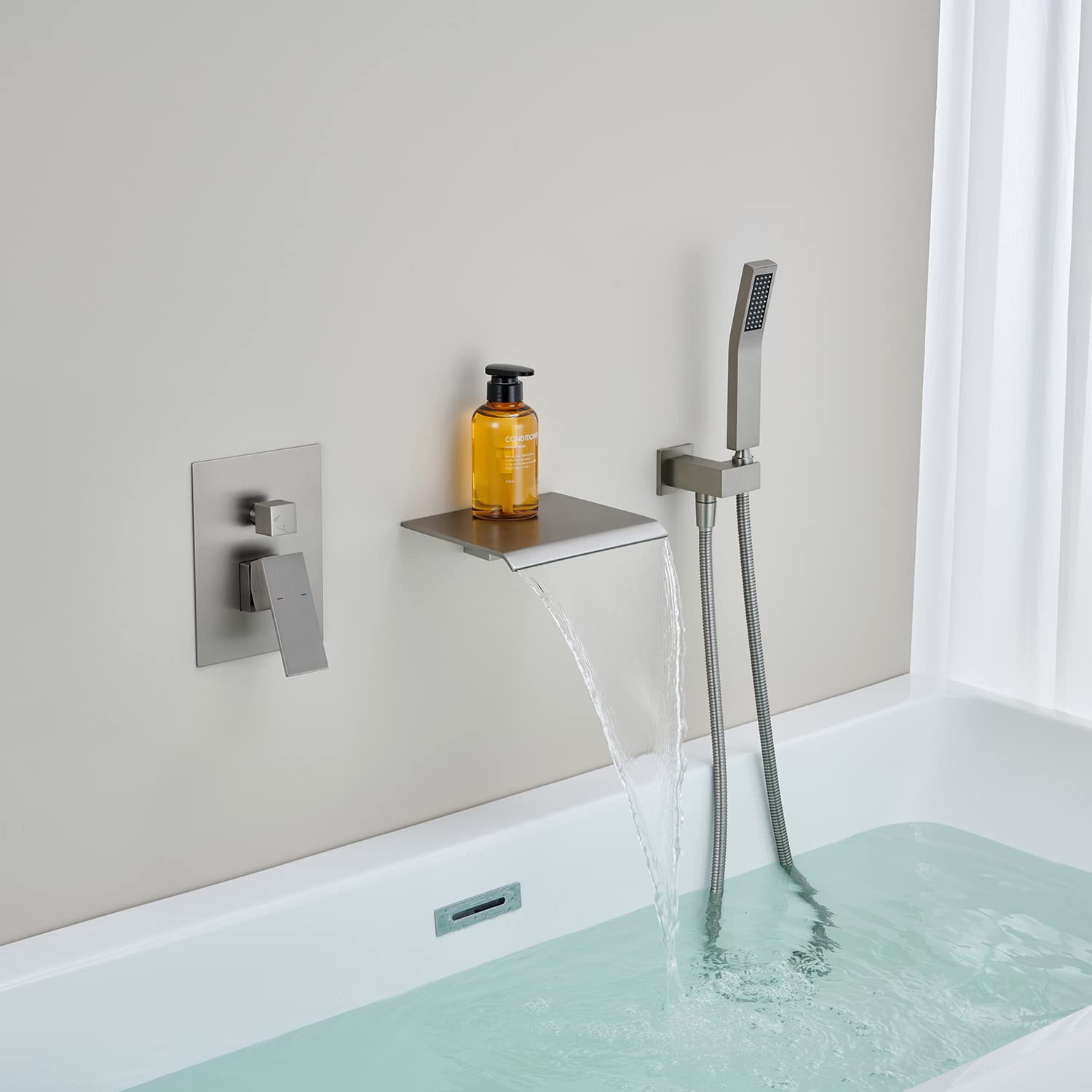 Wall Mount Tub Filler Waterfall Tub Faucet Brushed Nickel Bathtub Faucet Brass Single Handle Bathroom Faucet with Hand — view 3