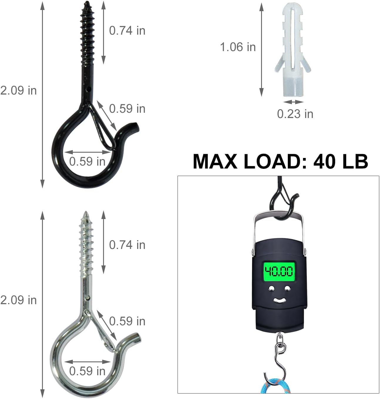 5-Pack Heavy Duty 2.08-Inch SilverScrew Hooks - Rustproof Metal with Safety Lock, 30LB Capacity（Includes Storage Case & Plastic Caps） (5, Silver) image 2