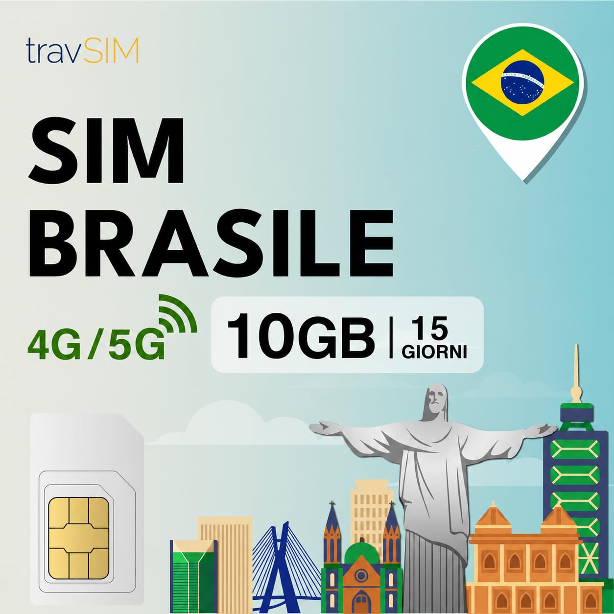 travSIM SIM Brasile | 10 GB di dati mobili con velocità 4G/5G | Connessione internet affidabile per Google, Facebook, WhatsApp e altro ancora | Il piano SIM Brasile è valido per 15 giorni