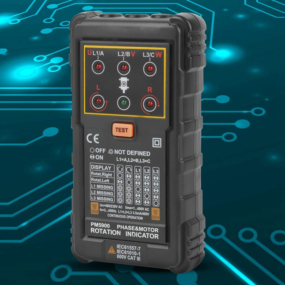PM5900 3 Fasi Indicatore di Rotazione del Motore, Tester Fasi Trifase Portatile Indicatore di Fase del Motore Sequenzimetro Trifase per Sistema Trifase, Rotazione di Fase, Misuratore di Campo Rotante
