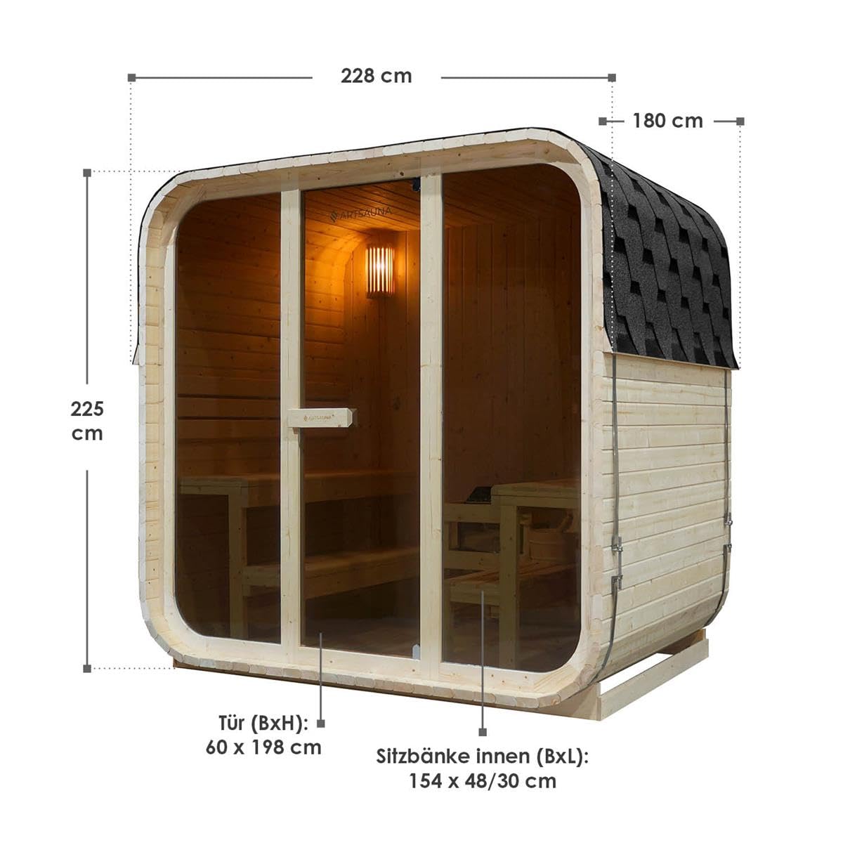 Outdoor Cubesauna Holz Sauna Finnland 228x180 cm – Gartensauna Komplett Set für 6 Personen mit 9 kW Saunaofen, LED Licht, Saunazubehör & Bitumen Dachschindeln