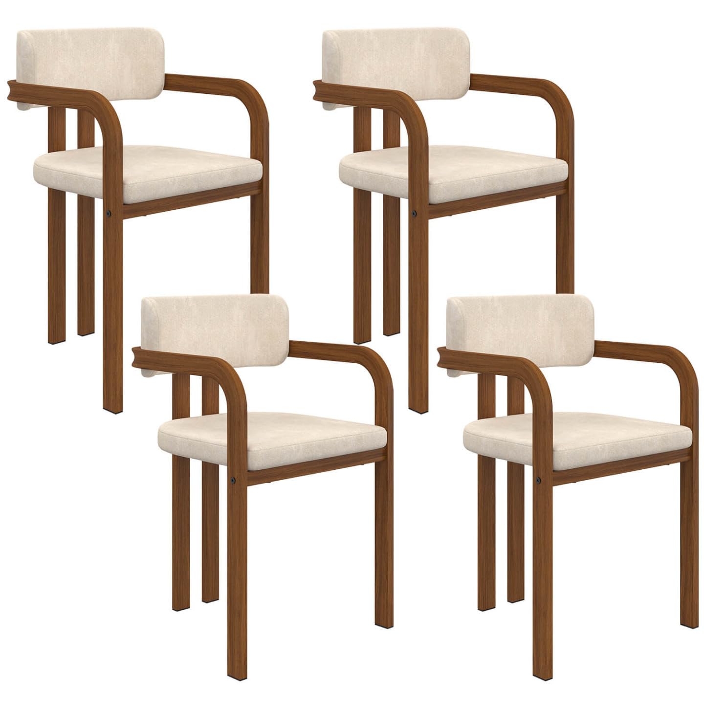 IDMarket - Set di 4 sedie da pranzo ESMA in metallo effetto noce e tessuto di ciniglia beige con braccioli