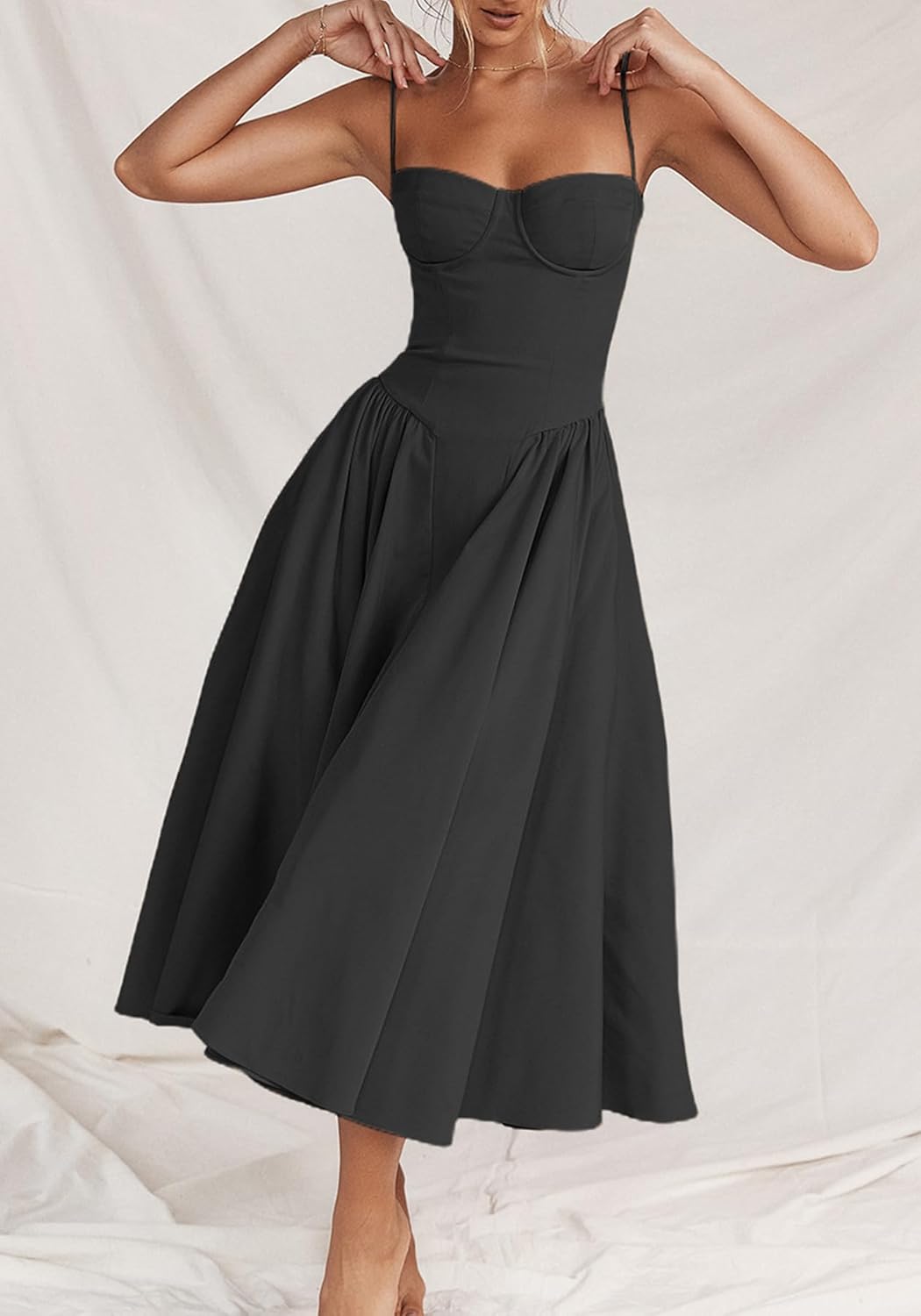 SHINFY Womens Summer Corset Midi Dress Spaghetti Strap Bustier A-Line Flowy Sundress Formal Cocktail Vacation Dress - Image 4