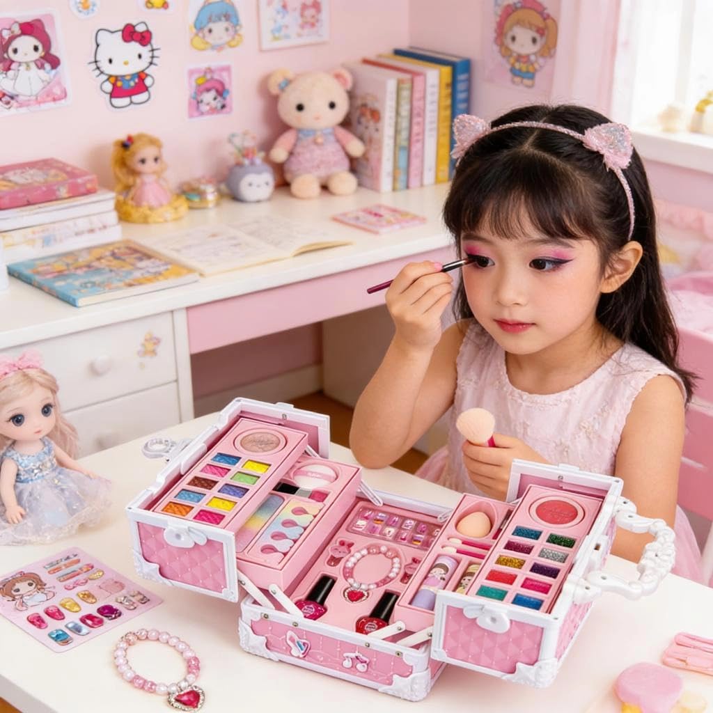 Collezione Trucchi per Bambini in ABS Sicuro per Ragazze con Vari Accessori da Gioco e sezioni stoccaggio Set Trucchi per Ragazze