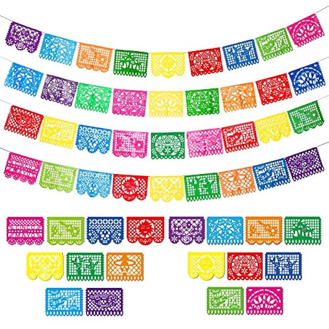 4 Packs Mexican Party Banner 60 Feet Fiesta Plastic Papel Picado Banner Cinco de Mayo Dia De Los Muertos Decor Day of The Dead Decorations Mexican Fiesta Themed Party Decorations Supplies