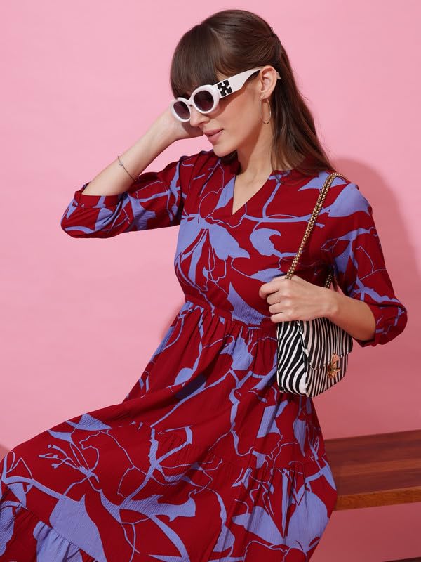 Image of Sheetal Associates Women's Casual 3 /4 Sleeve Crepe Fit and Flare Dress| Comfortable Relaxed Fit Summer Party Dress