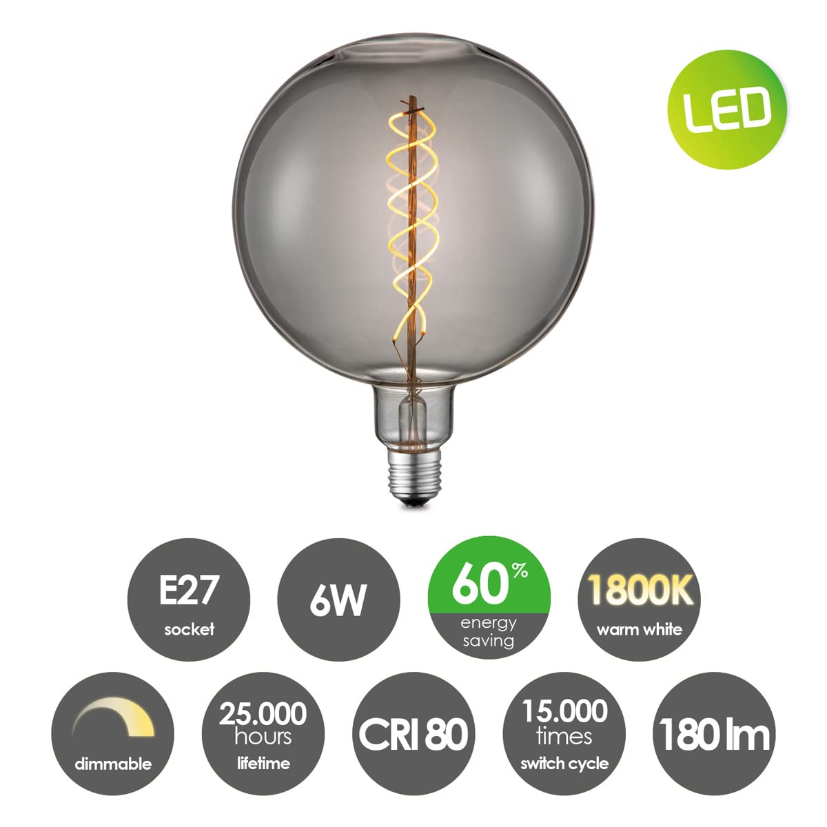 home sweet home collection Edison Vintage E27 | LED-Filament-Leuchtmittel Globe | G180 Spiral LED-Lampe | Rauch | Dimmbar | 6W 180lm 1800K | warmweißes Licht | für E27-Fassungen